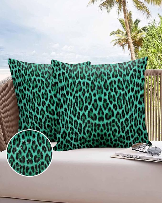 Vandarllin Outdoor Throw Pillows Covers 18x18 inch Set of 2 Waterproof Green Leopard Print Decorative Zippered Cushion Covers for Patio Furniture, Retro Animal Fur Pattern Lumbar Pillowcases