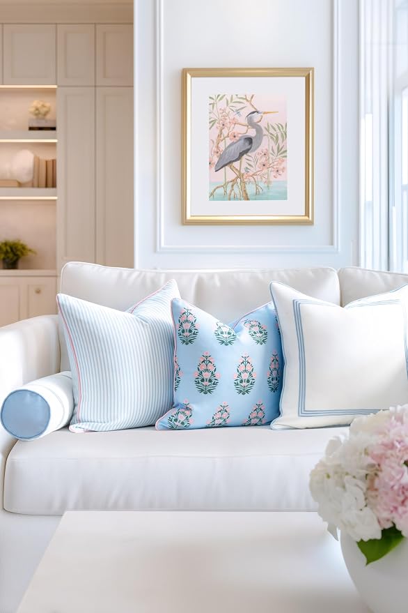 Hofdeco Premium Coastal Grandmillennial Patio Indoor Outdoor Bolster Pillow Cover Only, 6"x20" Water Repellent for Backyard, Couch, Poolside, Baby Blue Embroidered Stripes