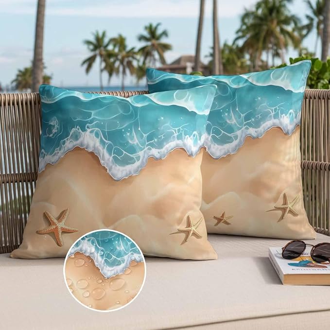 Ocean Beach Waterproof Outdoor Pillow Covers Set of 2 Home Decor, Starfish Sea Waves Coastal Seaside Sand Pillowcase Patio Pillow Covers for Couch Bench Furniture Garden 24x24in