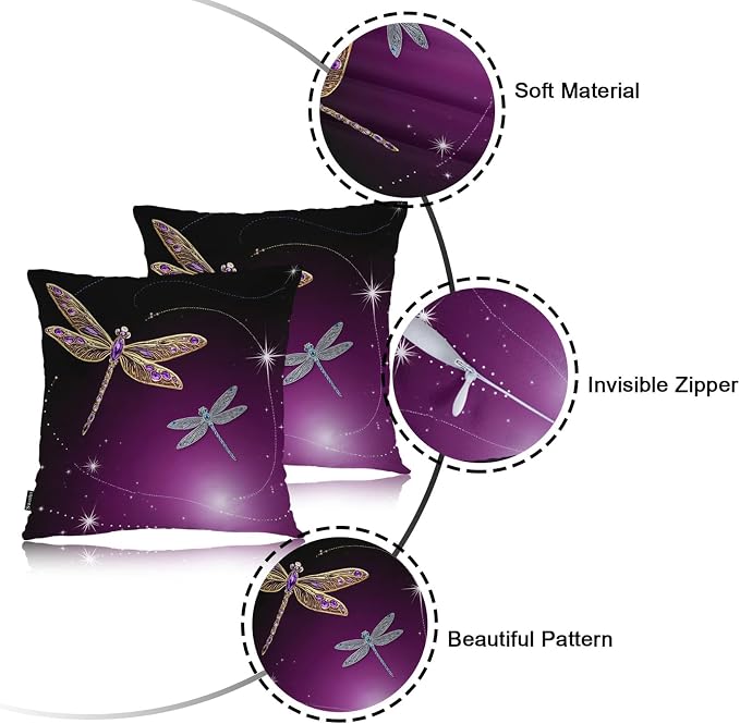 Swono Pillow Covers 18X18 Inch Set of 2 Dragonfly, Throw Pillow Cases Gold Silver Dragonflies Diamond Pillowcase Cushion Cover Decorative for Indoor Outdoor Home Sofa Bedroom Livingroom