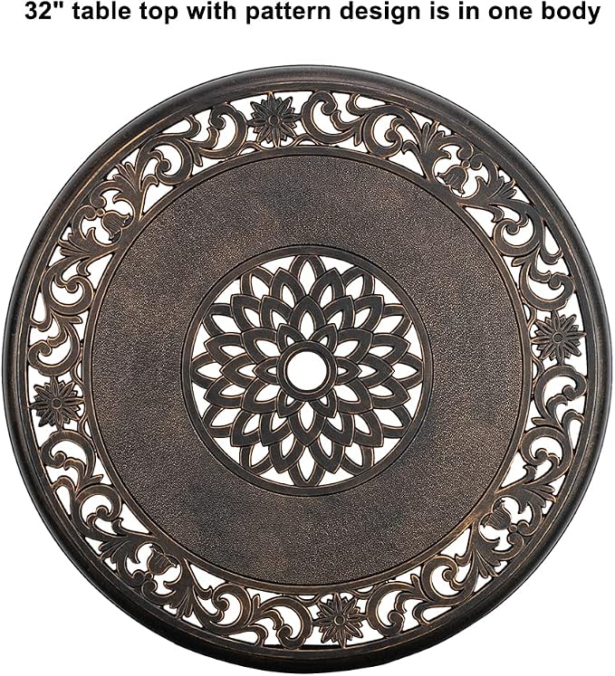 Outdoor Cast Aluminum Round Bar Table with Die Cast Tabletop in One Body and Strong Fixed Ring,Weatherproof Bar Height Cocktail Table with Umbrella Hole and Adjustable Foot Pads,Bronze