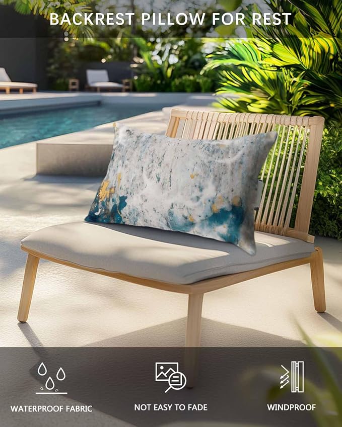 Gray Teal Outdoor Lumbar Pillow Covers 11"x16" Set of 4, Decorative Throw Pillow Covers for Patio, Modern Abstract Art Retro Marble Waterproof Cushion Case for Pool Beach Chair