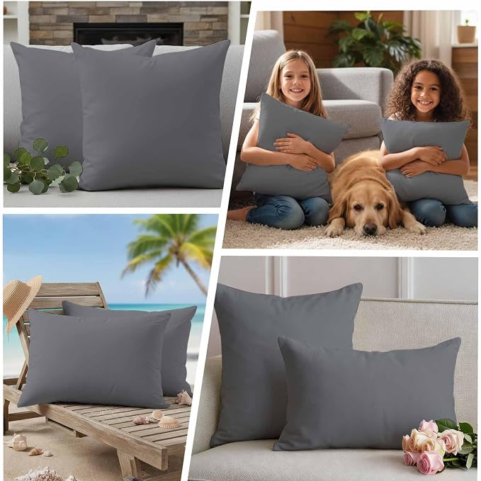 Outdoor Pillow Covers 20 x 20 Inches, Grey Pure Color Waterproof Throw Pillow Cover Set of 2, Aesthetics Contemporary Luxury Decorative Square Cushion Covers for Patio/Couch/Garden