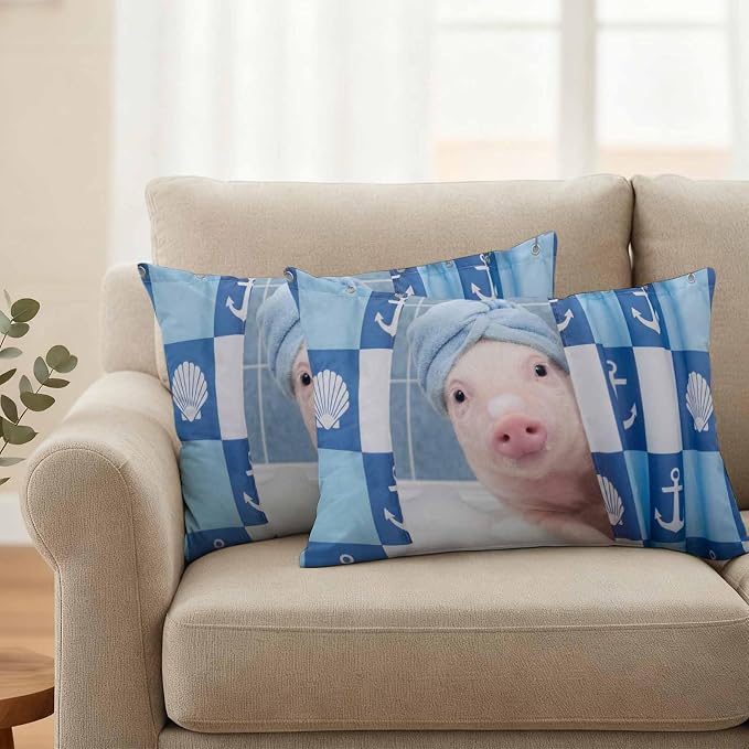 Bathing Pig Waterproof Outdoor Pillow Covers Set of 2 Home Decor, Funny Animal Showering Lumbar Pillowcase Patio Pillow Covers for Couch Bench Patio Furniture Garden 20x12in