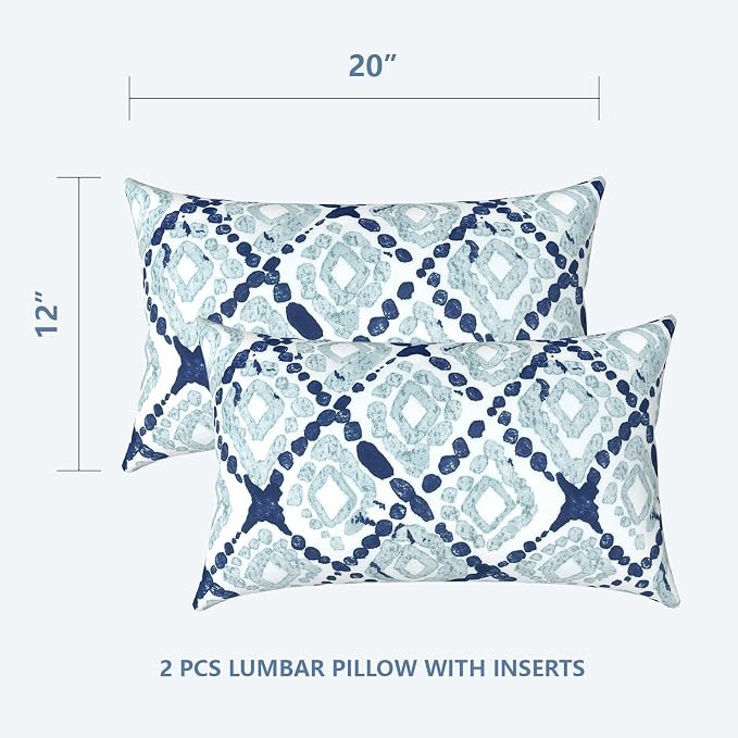 LVTLVTXIII 12×20 Inch Outdoor Lumbar Pillows, Pack of 2 Water Repellent Lumbar Pillow with Inserts, Fluffy Decorative Garden Lumbar Cushions for Home Patio Coach Sofa Use, Boho Geometry Blue
