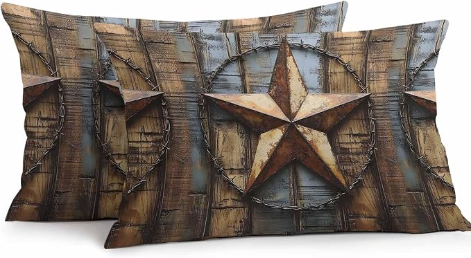 Rustic Star Brown Waterproof Outdoor Pillow Covers Set of 2 Home Decor, Vintage Farmhouse Wooden Grain Art Pillowcase Patio Pillow Covers for Couch Bench Furniture Garden 20x12in