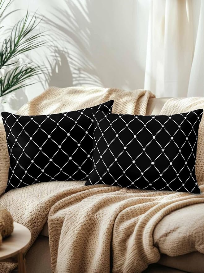 Vandarllin Waterproof Outdoor Pillow Set of 2 Black Grid Plaid Decorative Throw Pillows Cover & Insert 20x12 Inch Lumbar Pillowcase Diagonally Crossed Lines Pillows for Couch Sofa Bed Patio Furniture
