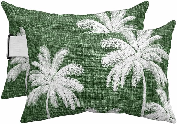 Pack of 4 Outdoor Lumbar Pillow Covers 12x20 Inch, Dark Green Palm Trees Waterproof Throw Pillow Covers Set, Farmhouse Tropical Summer Beach Indoor&Outdoor Decorative Cushion Cases for Patio Porch Car