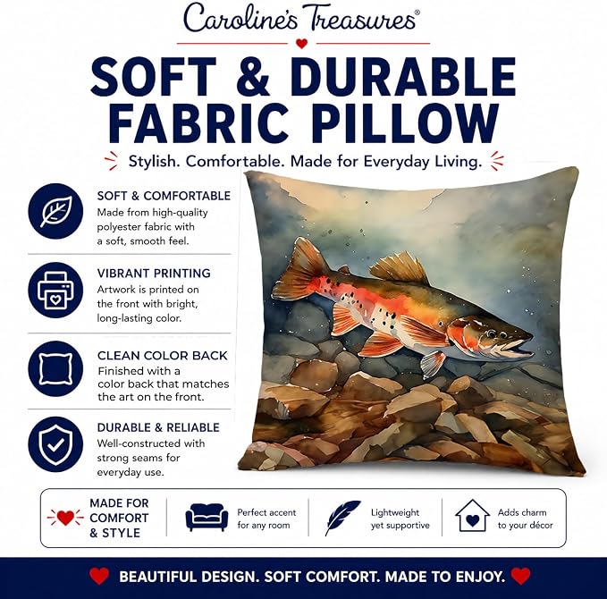 Caroline's Treasures Brook Trout Throw Pillow Machine Washable, Indoor Outdoor Decorative Pillow for Couch, Bed or Patio, 14Hx14W