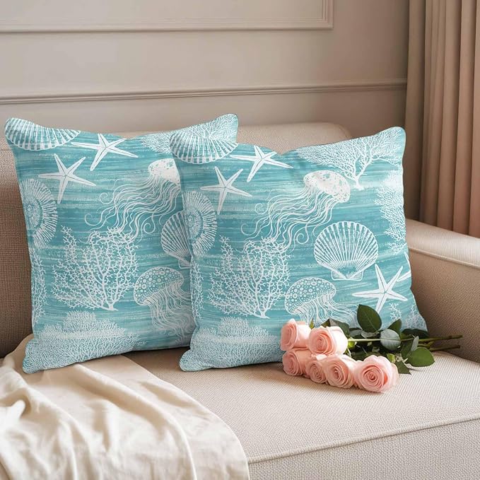 Teal Coastal Outdoor Waterproof Throw Pillow Covers Set of 2, 16"x16", Nautical Starfish Jellyfish Coral Summer Decorative Pillow Covers Outside Cushion Case for Patio Porch Garden