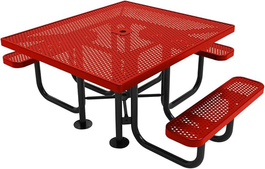 COATEDOUTDOORFURNITURE Coated Outdoor Furniture Heavy-Duty Portable ADA-Compliant Outdoor Picnic Table with Umbrella Hole, Punched Steel Patio Dining Furniture Made in America (46" Square Top, Red)