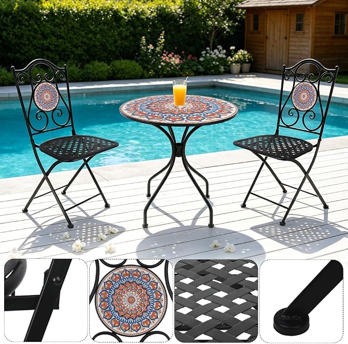 Folding Patio Chairs Set of 2 Mosaic Bistro Chair Outdoor Seating | Garden Patio Furniture Seating Heavy Duty Metal Frame Dining Chairs for Lawn Yard Balcony Porch Backyard Poolside