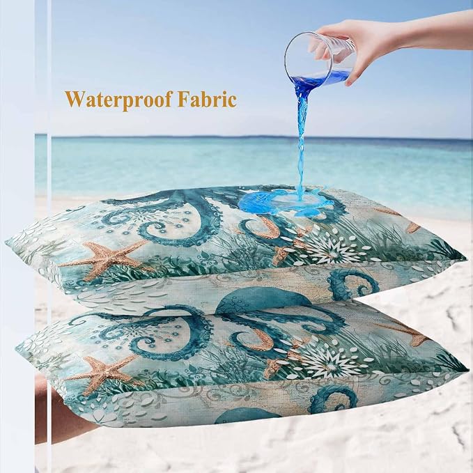 Ocean Creature Outdoor Waterproof Throw Pillow Covers Set of 2, 20"x12", Eight Pawfish Corals Sea Stars Decorative Pillow Covers Outside Cushion Case for Patio Porch Garden