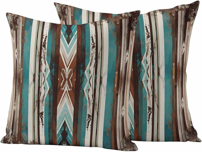 Ethnic Tribal Stripes Outdoor Pillow Covers 18"x18" Set of 2, Retro Vintage Geometric Teal Brown Stripes Waterproof Throw Pillow Covers for Patio Furniture, Decorative Cushion Covers for Porch