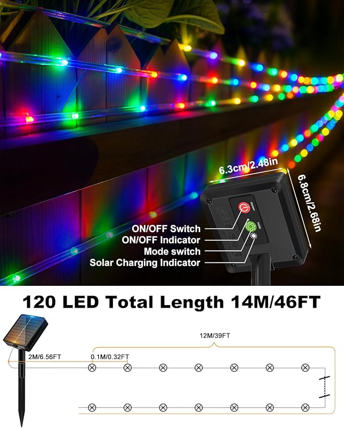 btfarm Solar Rope Lights, 120LED 46FT Solar Trampoline String Lights Outdoor Waterproof, 8 Lighting Modes Solar Powered Strip Light for Outside Garden Tree Christmas Yard Patio Decor, Multicolor