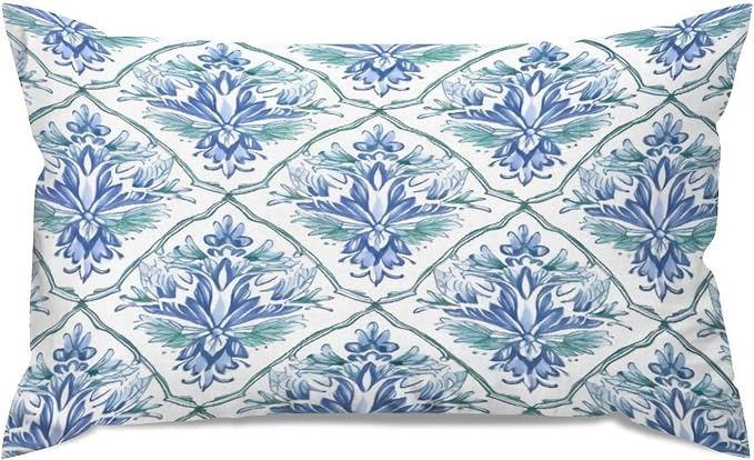Zipped Pillow Cases for Home Decor Blue and Green Floral Pattern Throw Pillow Cover Set of 2 Farmhouse Cushion Cover Cases for Living Room Club Home Decor 12x20in