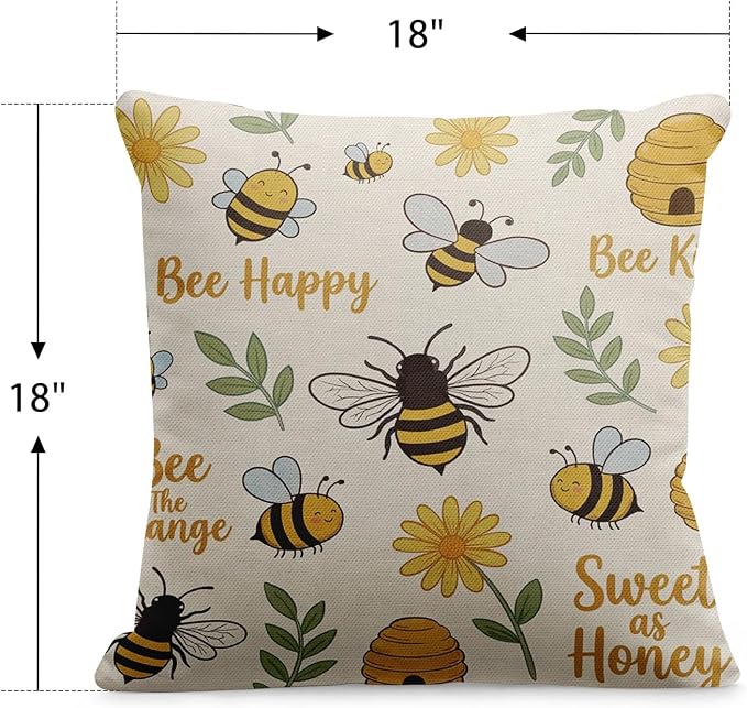 Throw Pillow Covers, Bee Sunflower, Set of 2, 18 x 18 Inch | Motivational Yellow Outdoor Waterproof Square Cushion Case Pillowcase Farmhouse Garden Decorative Pillows for Couch