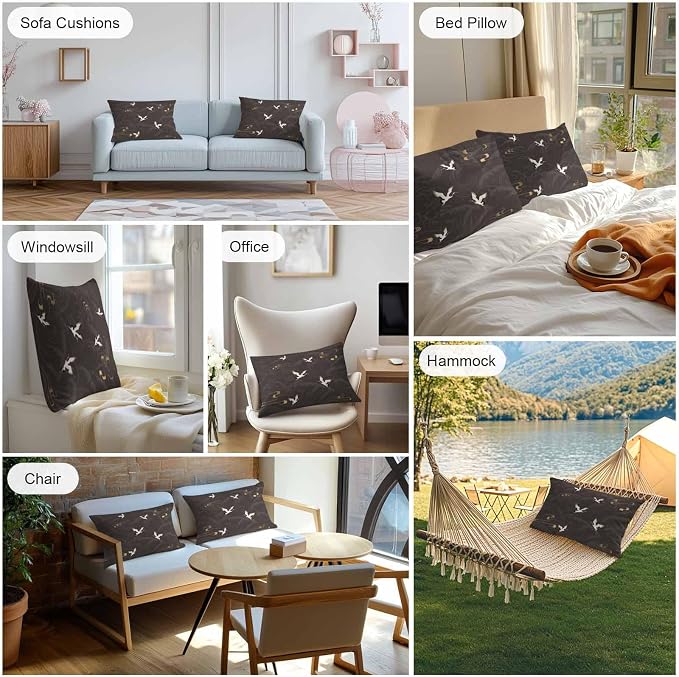 Japanese Style Outdoor Pillow Covers 20x12 Inch Lumbar Pillow Covers Set of 2 Waterproof Decorative Throw Pillow Cases Vintage Cranes Ocean Wave Black Grey Cushion Covers for Patio Furniture Garden