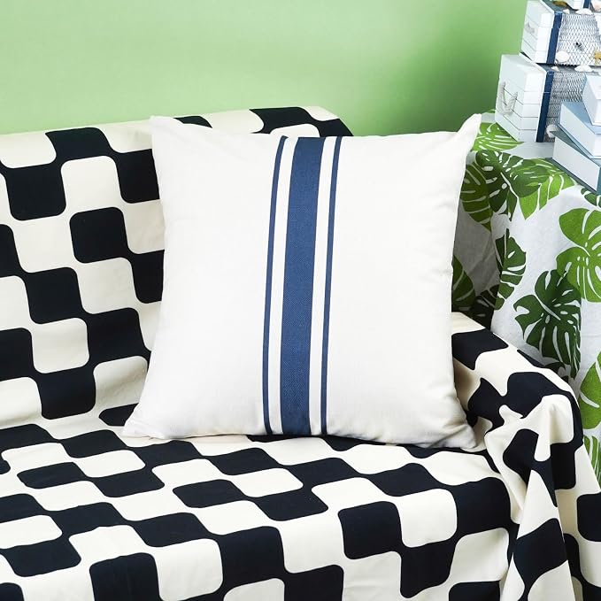 ONWAY Outdoor Pillow Covers Waterproof 20x20 Set of 2 Decorative Linen Throw Pillow Cover Beige and Navy Blue Striped Outdoor Pillows for Patio Furniture