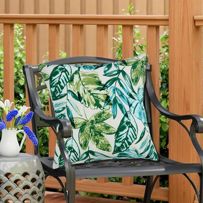FUNHOME Water Resistant Outdoor Throw Pillows for Patio Furniture,18x18 Inch Decorative Pillows Set of 2 with Insert,Hidden Zipper Headrests for Sofa Couch Chair(Palm Leaf)