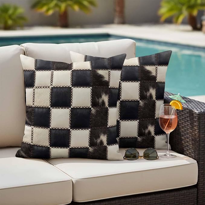 Beige Black Animal Printed Outdoor Pillow Covers 24x24 Inch Throw Pillow Covers Set of 2 Waterproof Decorative Pillow Cases Modern Fur Checkered Cushion Covers for Patio Furniture Garden Couch Sofa