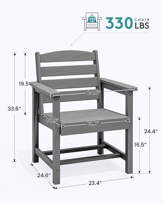 SERWALL Outdoor Dining Chairs Set of 4 with Arms, All-Weather HDPE Patio Chair with 19.7" Widened Seat, for Backyard, Garden, Gray