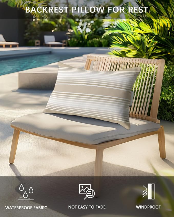 Pack of 4 Outdoor Lumbar Pillow Covers 12x20 Inch, Beige Striped Waterproof Throw Pillow Covers Set, Beige Ombre Farmhouse Stripes Indoor&Outdoor Decorative Cushion Cases for Patio Porch Car