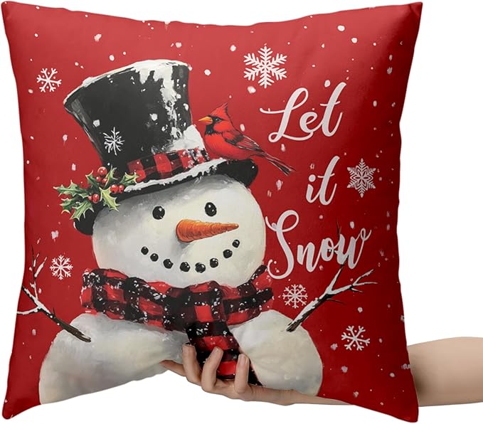 Red Christmas Pillow Covers Snowman Throw Pillow Covers Xmas Tree Pillow Case 16x16 Winter Snowflakes Cotton Blend Cushion Case for Holiday Decor Couch Sofa 2 Pack