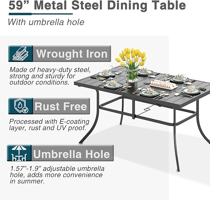 PHI VILLA 7 Piece Patio Dining Set, 60” Rectangular Table, Rattan Chairs | Outdoor Dining Set for 6, Metal Dining Table with Umbrella Hole, Wicker Chairs with Cushions for Patio, Deck, Porch
