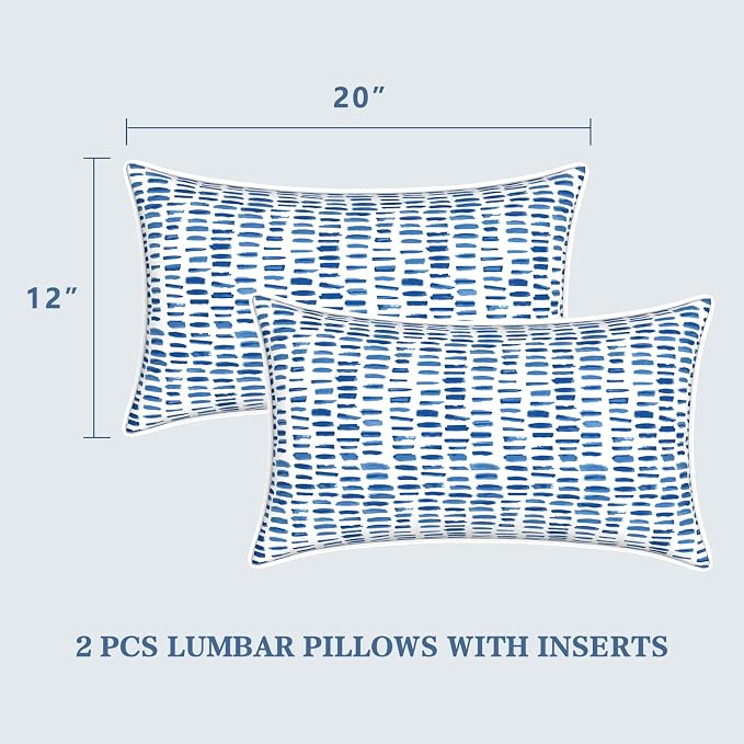 LVTXIII Set of 2 Outdoor Lumbar Pillows for Patio Furniture with White Piping, 12"x20" Fade Resistant Patio Lumbar Pillows with Inserts for Home Coach Sofa Use, A Pebble Blue