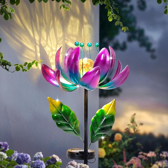 AIINY Solar Purple Metal Flower Wind Spinners, Colorful Spinning Windmill Lotus Yard Art Lights Wind Pinwheels with LED Crystal Ball Decorative Stake Lighting Flower Sculpture