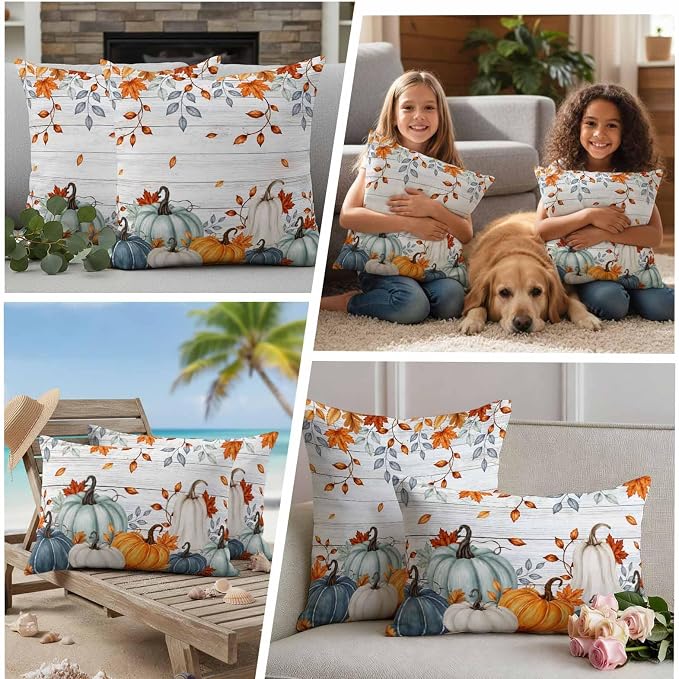 Fall Waterproof Outdoor Pillow Covers 24''x24'' Set of 2, Thanksgiving Maple Leaf Branch Vintage Wooden Patio Cushion Covers for Chairs,Decorative Blue Green Pumpkin Pillow Cases for Garden/Pool/Beach