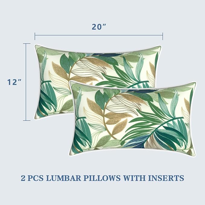 LVTXIII Set of 2 Outdoor Lumbar Pillows for Patio Furniture with White Piping, 12"x20" Fade Resistant Patio Lumbar Pillows with Inserts for Home Coach Sofa Use, Lush Leaf Green