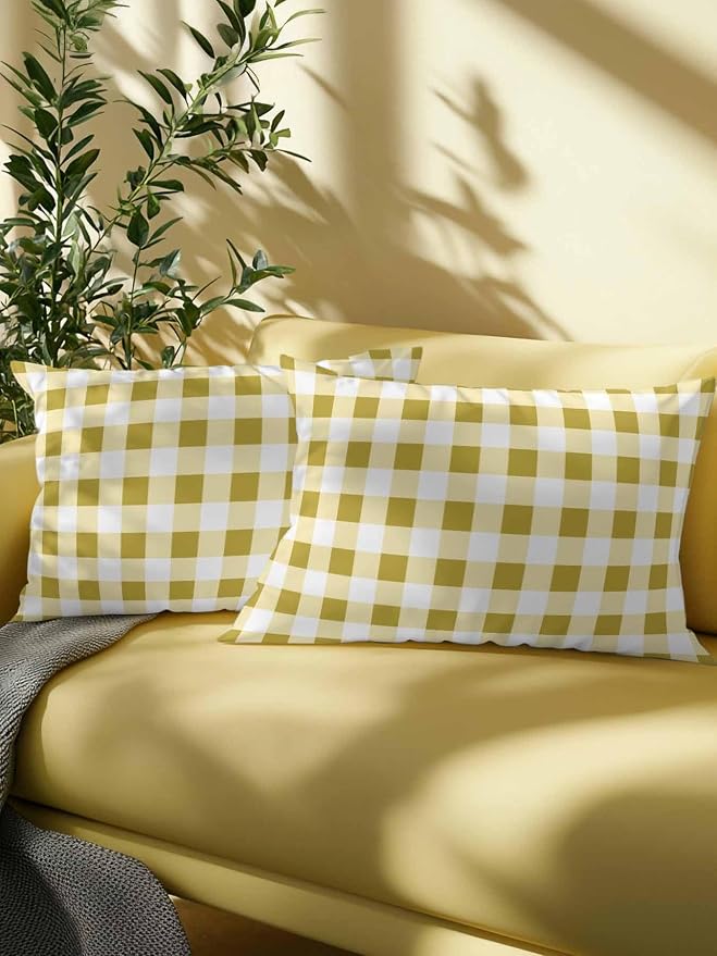 Waterproof Outdoor Pillow Set of 2 Buffalo Plaid Decorative Throw Pillows Cover & Insert 20x12 Inch Lumbar Pillowcase Yellow Check Lines Pillows for Couch Sofa Bed Patio Furniture Indoor Outdoor