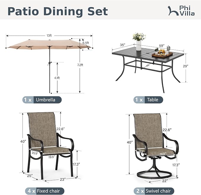 PHI VILLA 8 Pcs Outdoor Dining Set with 13ft Umbrella, Mesh Patio Chairs | 59'' rectangular metal table, 2 swivel & 4 fixed patio chairs and 13ft beige umbrella(NO BASE) for deck, garden, backyard