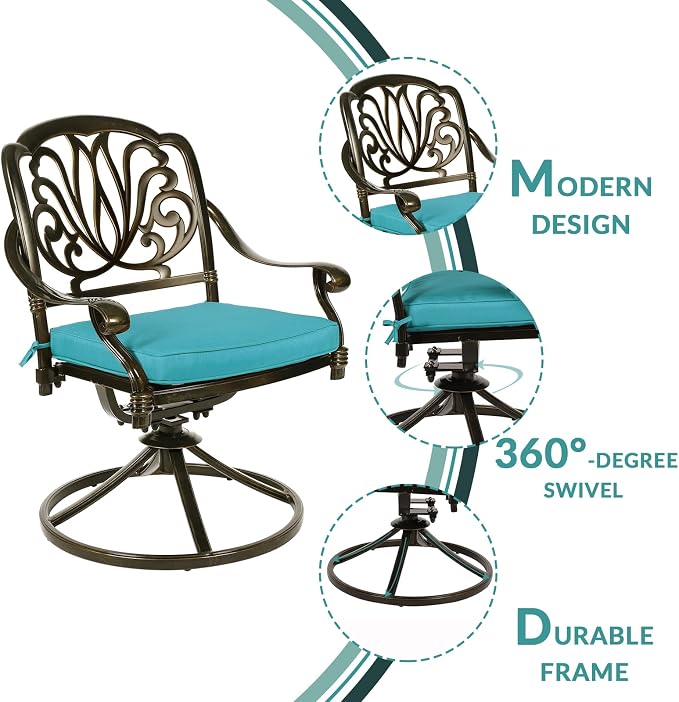 MEETWARM 7-Piece Outdoor Patio Dining Set, All-Weather Cast Aluminum Patio Conversation Set for Backyard Garden Deck with 6 Cushioned Swivel Rocker Chairs, 1 Rectangular Table, Ocean Blue
