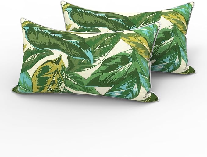 LVTXIII 2 Pack Outdoor Lumbar Pillows 12x20 Inch with White Piping, Fade Resistant Support Throw Pillows with Inserts for Patio Furniture, Sofa, Chair, Lush Leaf Jungle