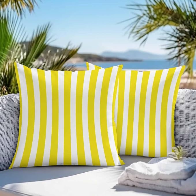 Yellow Striped Outdoor Waterproof Throw Pillow Covers 16x16 Set of 2, Modern Farmhouse Yellow White Stripes Decorative Pillowcases Cushion Pillowcase for Couch Sofa Patio Outside Pillow Protector