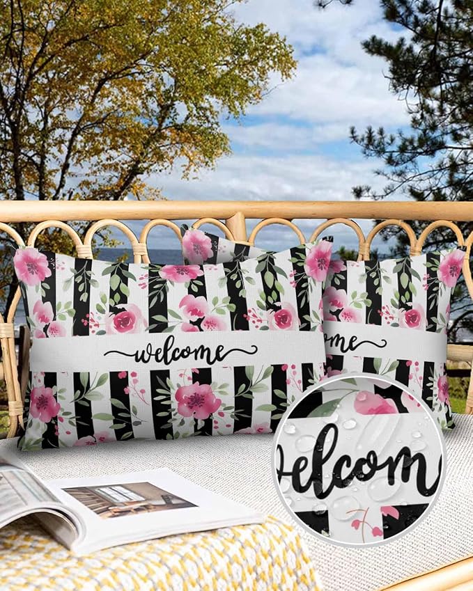 Outdoor Waterproof Throw Pillows Welcome Words Pink Flowers Patio Pillows Pack of 2,Decorative Pillow Covers with Insert,Pillow Cushion Case for Garden Couch Sofa Country Black Line