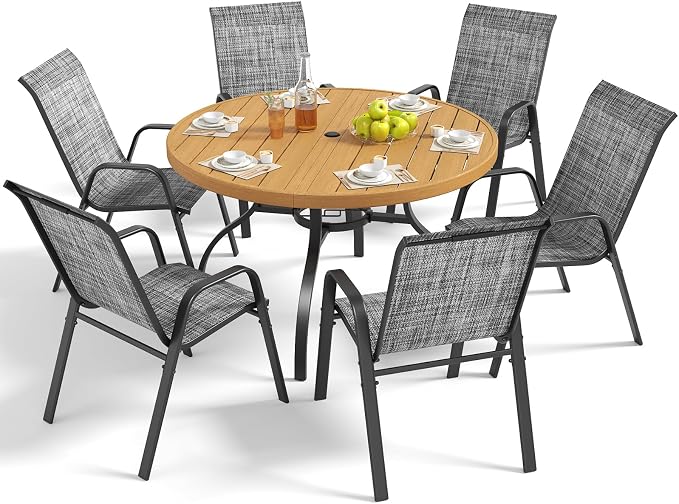 Outdoor Patio Dining Set for 6, 7 Pieces Patio Table and Chairs Set with Umbrella Hole, 47"x 47" Round Metal Wood-Grain Dining Table Set with 6 Stackable Patio Chairs for Deck , Backyard, Porch