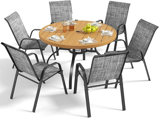 Outdoor Patio Dining Set for 6, 7 Pieces Patio Table and Chairs Set with Umbrella Hole, 47"x 47" Round Metal Wood-Grain Dining Table Set with 6 Stackable Patio Chairs for Deck , Backyard, Porch
