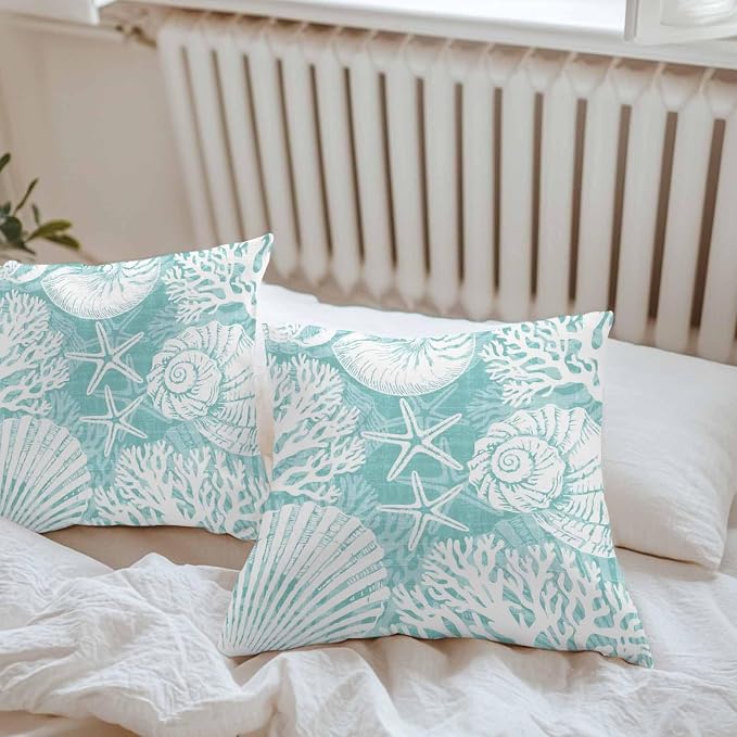 Outdoor Pillow Covers 16x16 Inch Set of 2, Teal Green Starfish Coastal Waterproof Throw Pillow Covers, Summer Coral Shell Beach Nautical Decorative Cushion Pillowcases for Couch Sofa Bed Garden Patio