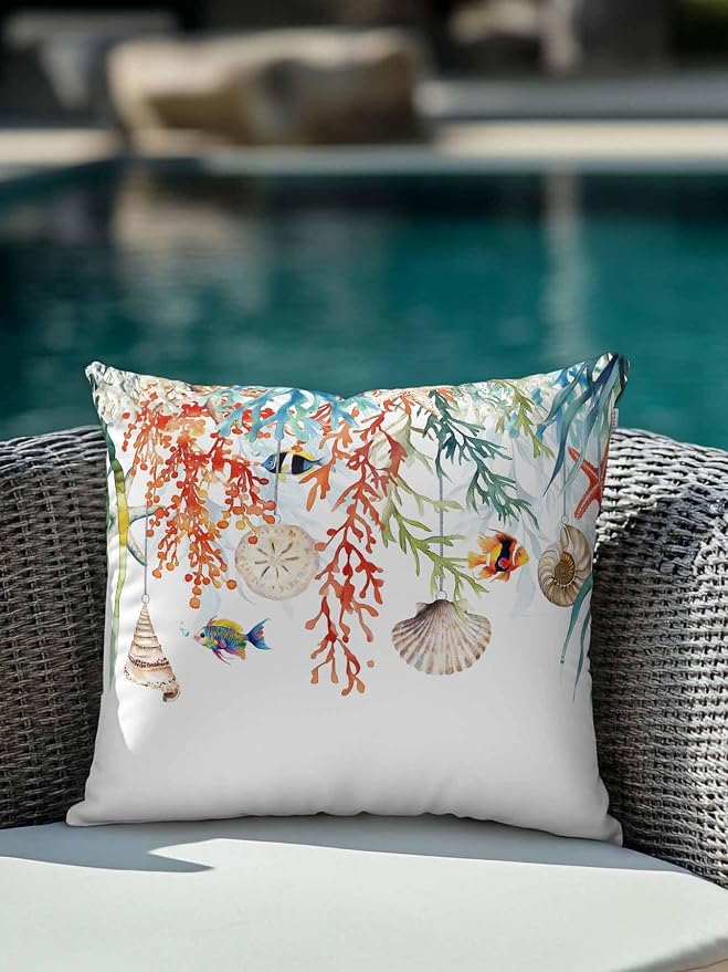 Outdoor Waterproof Throw Pillows Summer Colorful Coral Shell Conch Patio Pillows,Decorative Pillow Covers with Insert,Pillow Cushion Case for Garden Couch Sofa Sea Starfish Fish Marine Life