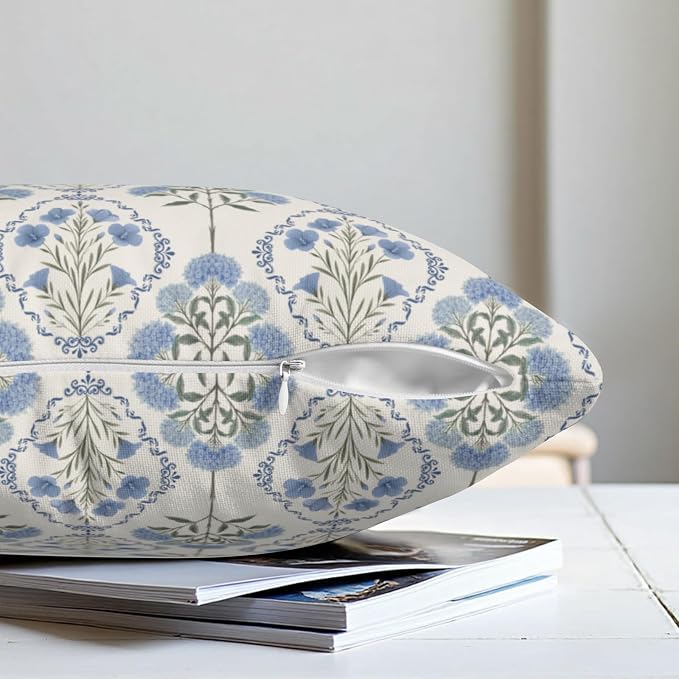 Vintage Floral Pillow Covers Blue Green Boho Flower Block Print Throw Pillow Cover 18x18 Spring Summer Hydrangea Pillow Cases Wildflower Farmhouse Cushion Case for Home 2 Pack
