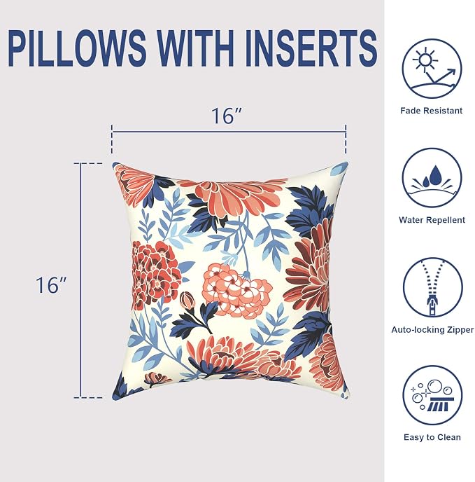 Outdoor Throw Pillows 16x16 Inch, Water Repellent Patio Pillows with Inners Set of 2 for Patio Furniture Home Graden, Red Chrysanthemum