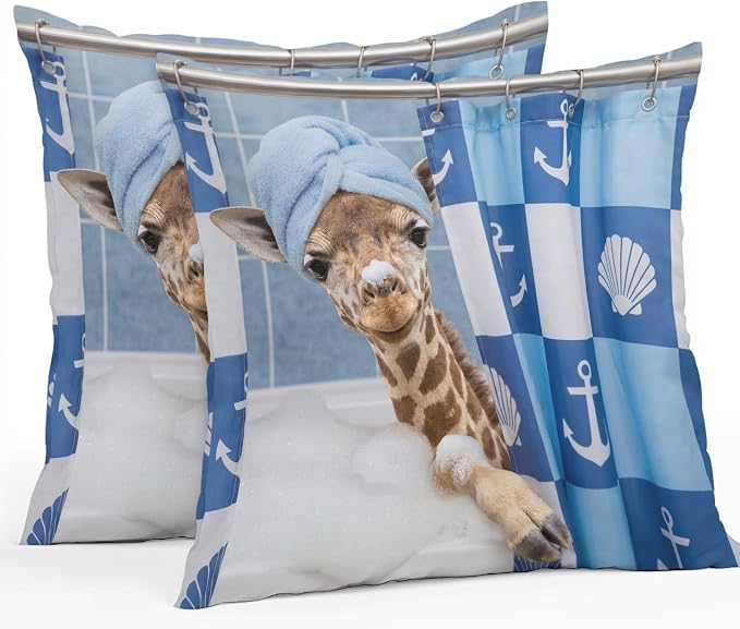 Bathing Giraffe Waterproof Outdoor Pillow Covers Set of 2 Home Decor, Funny Animal Showering Pillowcase Patio Pillow Covers for Couch Bench Patio Furniture Garden 24x24in