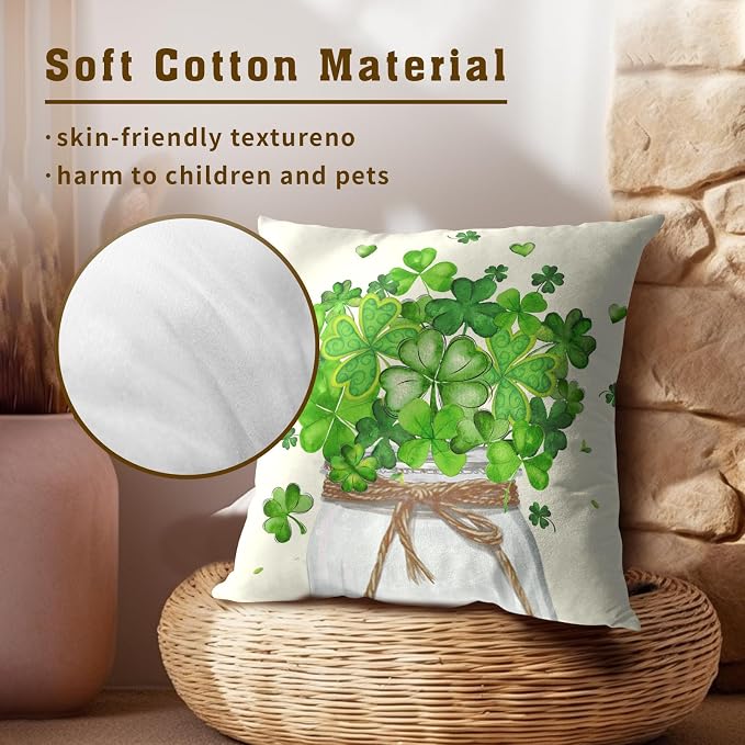 St Patricks Day Pillow Covers 16x16, 2Pcs Set Green Shamrocks Mason Jar Holiday Decorative Pillow Cases Soft Cotton Square Cushion Cover for Bed Sofa Farmhouse Spring Home Decor