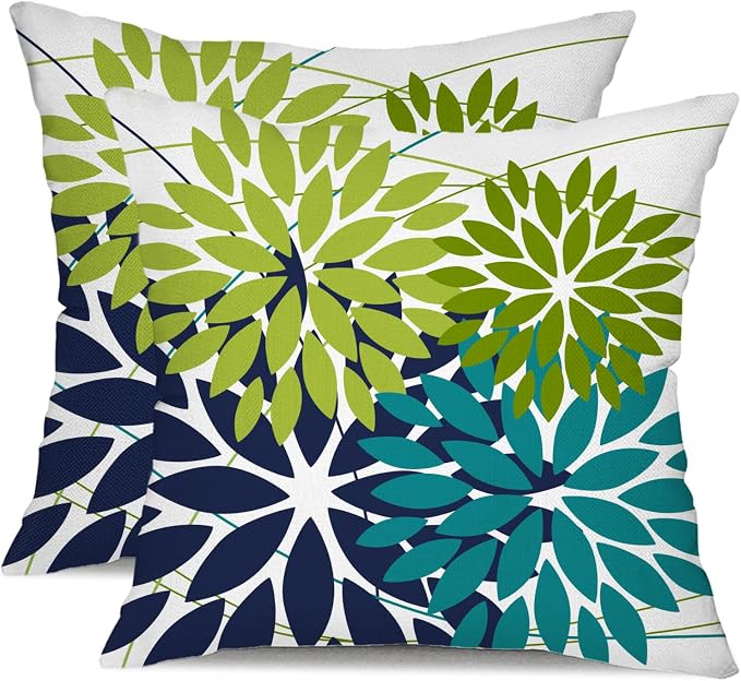 DFXSZ Pack of 2 Outdoor Waterproof Throw Pillow Covers 20x20 Green NavyBlue | Polyester Colorful Spring Summer Floral Decorative Cushion Cases(NO INSERT),For Couch Patio Funiture Garden Home Decor