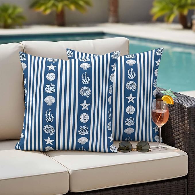 Striped Outdoor Waterproof Throw Pillow Covers Set of 2, 20"x20", Ocean Navy Blue Starfish Shell Jellyfish Coral Decorative Pillow Covers Outside Cushion Case for Patio Porch Garden