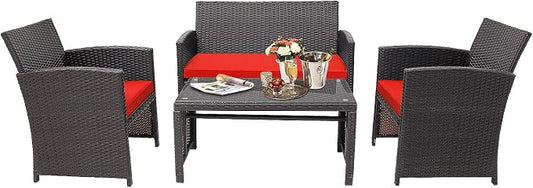 HAPPYGRILL Set of 4 Rattan Conversation Set Outdoor Wicker Furniture Set with Tempered Glass Coffee Table, Soft Cushions, Weather-Resistant Rattan Chair Set for Garden Backyard Poolside